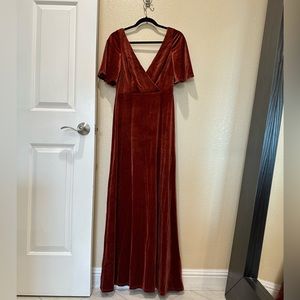 Long velvet v neck party dress with sleeves.
